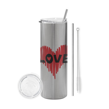 I Love You red heart, Eco friendly stainless steel Silver tumbler 600ml, with metal straw & cleaning brush