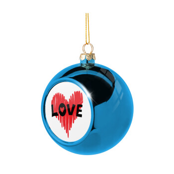 I Love You red heart, Blue Christmas tree ball ornament 8cm
