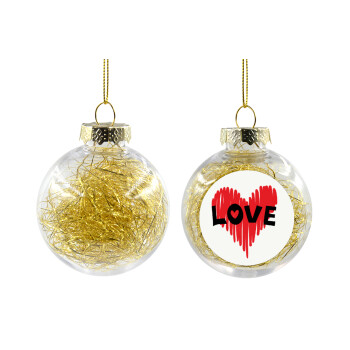 I Love You red heart, Χριστουγεννιάτικη μπάλα δένδρου διάφανη με χρυσό γέμισμα 8cm