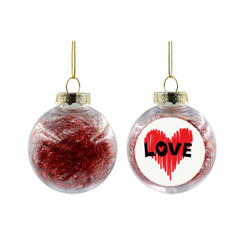 I Love You red heart, Transparent Christmas tree ball ornament with red filling 8cm