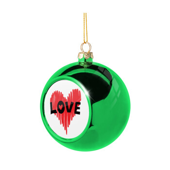 I Love You red heart, Χριστουγεννιάτικη μπάλα δένδρου Πράσινη 8cm