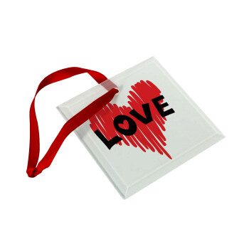 I Love You red heart, Χριστουγεννιάτικο στολίδι γυάλινο τετράγωνο 9x9cm