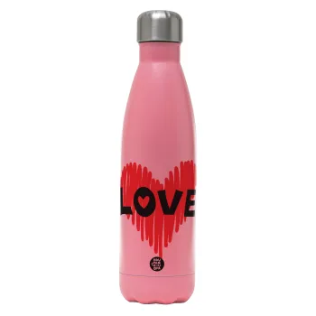 I Love You red heart, Metal mug thermos Pink Mat (Stainless steel), double wall, 500ml