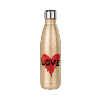 I Love You red heart, Glitter gold stainless steel thermos bottle, double-walled, 500ml