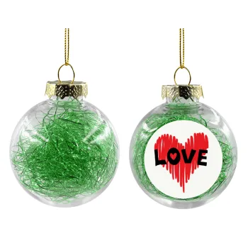 I Love You red heart, Transparent Christmas tree ball ornament with green filling 8cm