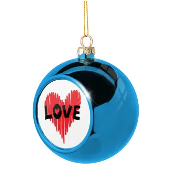 I Love You red heart, Blue Christmas tree ball ornament 8cm