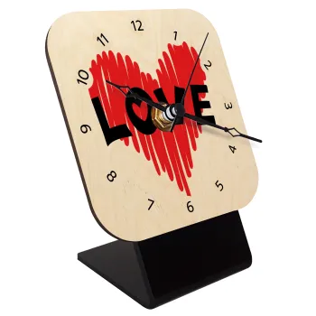 I Love You red heart, Quartz Table clock in natural wood (10cm)