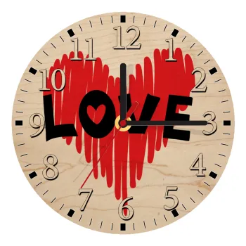 I Love You red heart, Ρολόι τοίχου ξύλινο plywood (20cm)