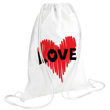 I Love You red heart, Backpack pouch GYMBAG white (28x40cm)