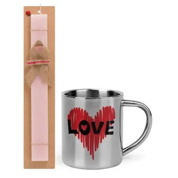 I Love You red heart, Easter Set, metallic thermal cup (300ml) & aromatic flat Easter candle (30cm) (PINK)