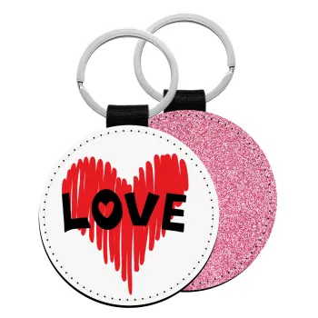 I Love You red heart, Μπρελόκ Δερματίνη, στρογγυλό ΡΟΖ (5cm)