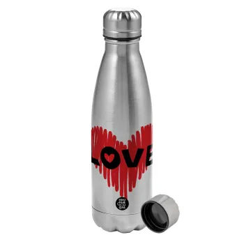 I Love You red heart, Metallic water bottle, stainless steel, 750ml