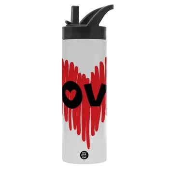 I Love You red heart, Metallic thermos bottle with straw & handle, stainless steel (Stainless steel 304), double-walled, 600ml.