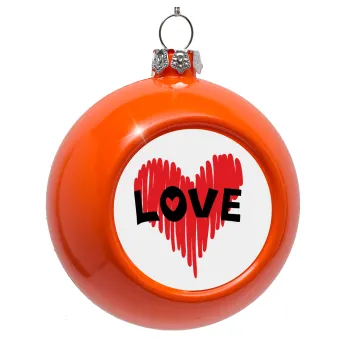 I Love You red heart, Στολίδι Χριστουγεννιάτικη μπάλα δένδρου Πορτοκαλί 8cm