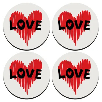 I Love You red heart, ΣΕΤ 4 Σουβέρ ξύλινα στρογγυλά (9cm)