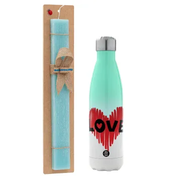 I Love You red heart, Easter Set, Metallic green/white thermos (Stainless steel), double-walled, 500ml & scented flat Easter candle (30cm) (TURQUOISE)