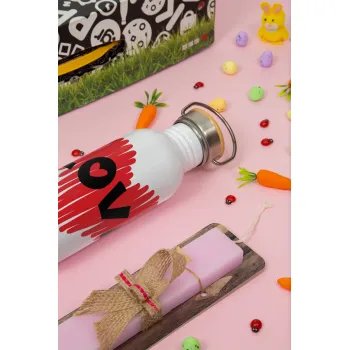 I Love You red heart, Πασχαλινή Λαμπάδα με παγούρι μεταλλικό (620ml, stainless steel) & κερί αρωματικό πλακέ (30cm) (ΡΟΖ)