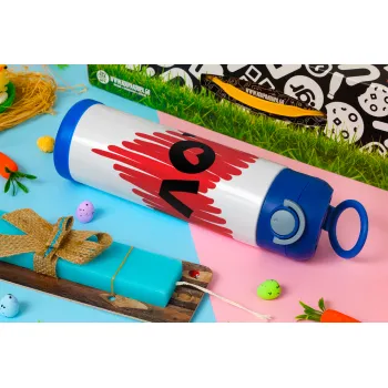 I Love You red heart, Πασχαλινή Λαμπάδα με Παιδικό παγούρι θερμό, ανοξείδωτο, με καλαμάκι ασφαλείας, ΜΠΛΕ (500ml)