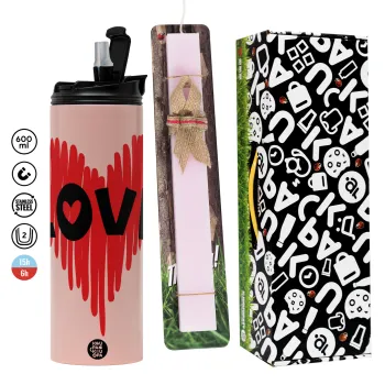 I Love You red heart, Πασχαλινή Λαμπάδα με  ΡΟΖ Travel Tumbler θερμό (600ml, BPA free) & κερί αρωματικό πλακέ (30cm) (ΡΟΖ)