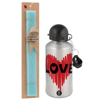 I Love You red heart, Πασχαλινή Λαμπάδα με παγούρι μεταλλικό Ασημένιο αλουμινίου (500ml) & κερί αρωματικό πλακέ (30cm) (ΤΙΡΚΟΥΑΖ)