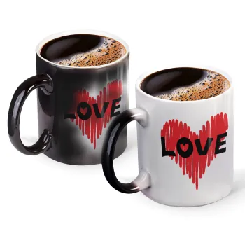 I Love You red heart, Color changing magic Mug, ceramic, 330ml when adding hot liquid inside, the black colour desappears (1 pcs)