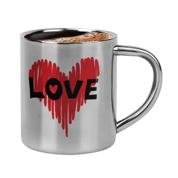 I Love You red heart, Double-wall metal cup for espresso (220ml)