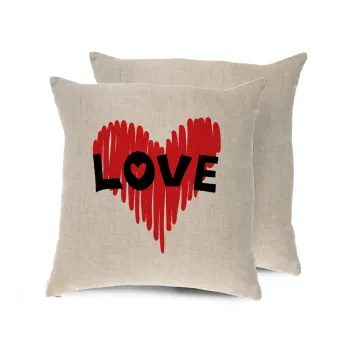 I Love You red heart, Μαξιλάρι καναπέ ΛΙΝΟ 40x40cm περιέχεται το  γέμισμα