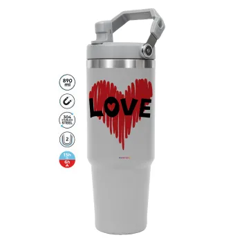 I Love You red heart, GREY color, 890ml (30oz) stainless Steel Tumbler with Handle