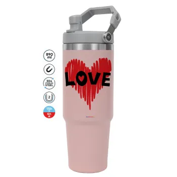 I Love You red heart, Pink color, 890ml (30oz) stainless Steel Tumbler with Handle