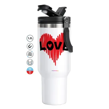 I Love You red heart, Mega Stainless steel Tumbler with lid, double wall 1,2L