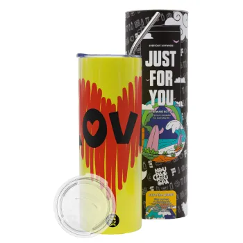 I Love You red heart, Neon Yellow Travel Tumbler θερμό, μεταλλικό καλαμάκι(Ανωξείδωτο 304 Food grade, BPA free, 600ml)