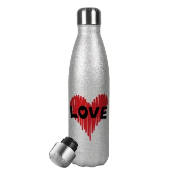 I Love You red heart, Metallic Glitter Silver Thermos Flask (Stainless steel), double-walled, 500ml