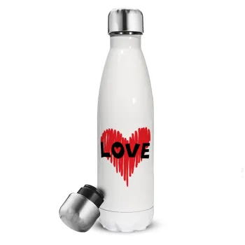 I Love You red heart, Μεταλλικό παγούρι θερμός Λευκό (Stainless steel), διπλού τοιχώματος, 500ml