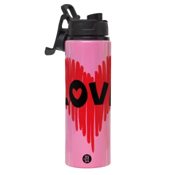 I Love You red heart, Μεταλλικό παγούρι νερού με καπάκι ασφαλείας, αλουμινίου 850ml