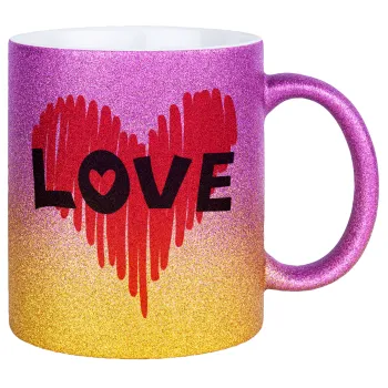 I Love You red heart, Κούπα Χρυσή/Ροζ Glitter, κεραμική, 330ml