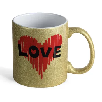 I Love You red heart, Κούπα Χρυσή Glitter που γυαλίζει, κεραμική, 330ml