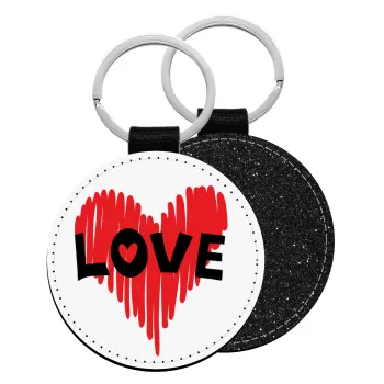 I Love You red heart, Μπρελόκ Δερματίνη, στρογγυλό ΜΑΥΡΟ (5cm)