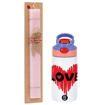 I Love You red heart, Easter Set, Children's thermal stainless steel water bottle with safety straw, pink/purple (350ml) & Easter scented flat candle (30cm) (PINK)