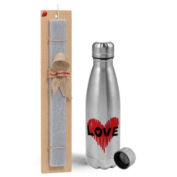 I Love You red heart, Easter Set, metallic Inox water bottle (750ml) & aromatic flat Easter candle (30cm) (GRAY)