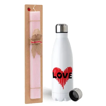 I Love You red heart, Easter Set, metallic stainless steel water bottle (750ml) & scented flat Easter candle (30cm) (PINK)