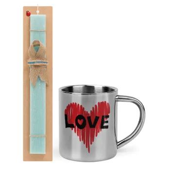 I Love You red heart, Easter Set, metallic thermal cup (300ml) & aromatic flat Easter candle (30cm) (TURQUOISE)