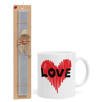 I Love You red heart, Easter Set, Ceramic Cup (330ml) & Easter aromatic flat candle (30cm) (GRAY)