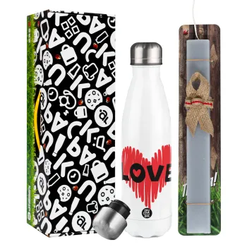 I Love You red heart, Easter candle, metallic white thermos bottle (500ml) & aromatic flat candle (30cm) (GRAY)
