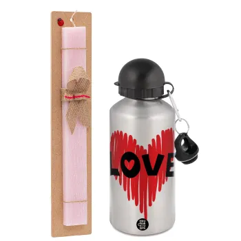 I Love You red heart, Easter Set, metallic Silver aluminum water bottle (500ml) & scented flat Easter candle (30cm) (PINK)