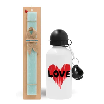 I Love You red heart, Easter Set, metallic aluminum water bottle (500ml) & scented flat candle (30cm) (TURQUOISE)
