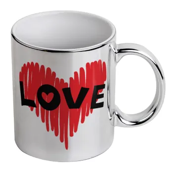 I Love You red heart, Mug ceramic, silver mirror, 330ml