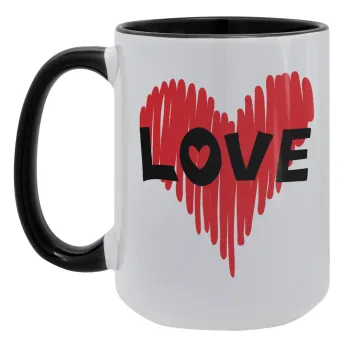 I Love You red heart, Κούπα Mega 15oz, κεραμική Μαύρη, 450ml