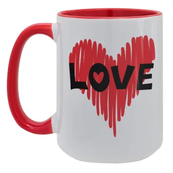I Love You red heart, Κούπα Mega 15oz, κεραμική Κόκκινη, 450ml