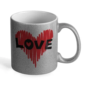 I Love You red heart, Κούπα Ασημένια Glitter που γυαλίζει, κεραμική, 330ml