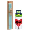 Easter Set, Children's thermal stainless steel bottle with safety straw, green/blue (350ml) & aromatic flat Easter candle (30cm) (TURQUOISE)